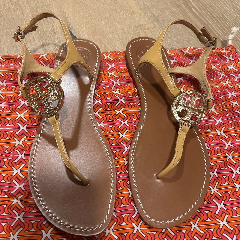 Tory Burch Camellia Sandals with Gold Accents and rhinestones